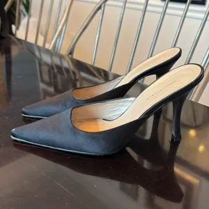 🐆 Banana republic, black pointed toe, satin, high, heel slides, mules