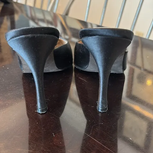 🐆 Banana republic, black pointed toe, satin, high, heel slides, mules