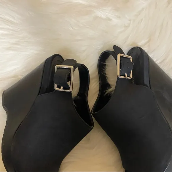 🛍️ Calvin Klein Naduna Black Suede Peep Open Toe Slingback Wedge Heels Size 6