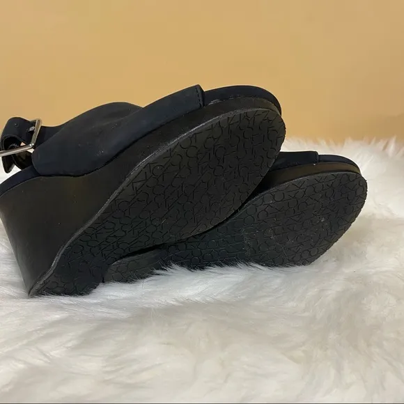 🛍️ Calvin Klein Naduna Black Suede Peep Open Toe Slingback Wedge Heels Size 6