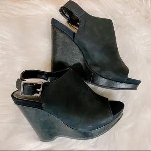 🛍️ Calvin Klein Naduna Black Suede Peep Open Toe Slingback Wedge Heels Size 6