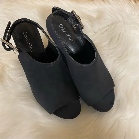 🛍️ Calvin Klein Naduna Black Suede Peep Open Toe Slingback Wedge Heels Size 6