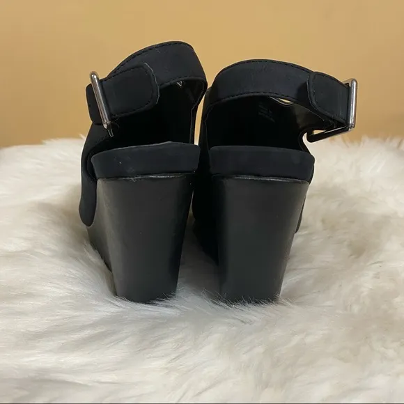 🛍️ Calvin Klein Naduna Black Suede Peep Open Toe Slingback Wedge Heels Size 6