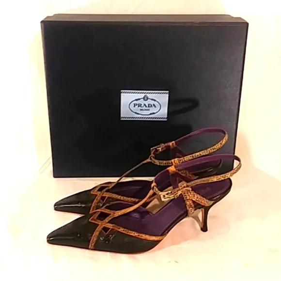 🔥 NWT Prada Black/Snake Skin Leather Kitten Heels