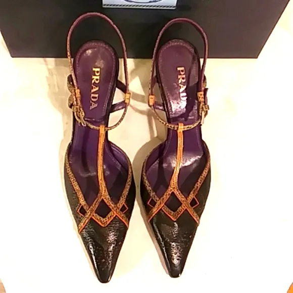 🔥 NWT Prada Black/Snake Skin Leather Kitten Heels