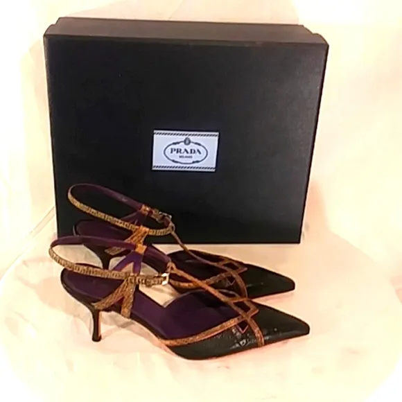 🔥 NWT Prada Black/Snake Skin Leather Kitten Heels