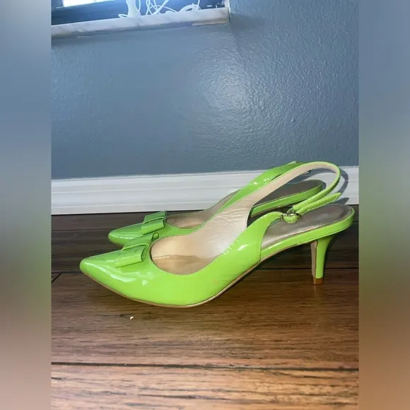 💚 Y2k Slingback heels kitten heels bow heels vintage green pumps patent heel
