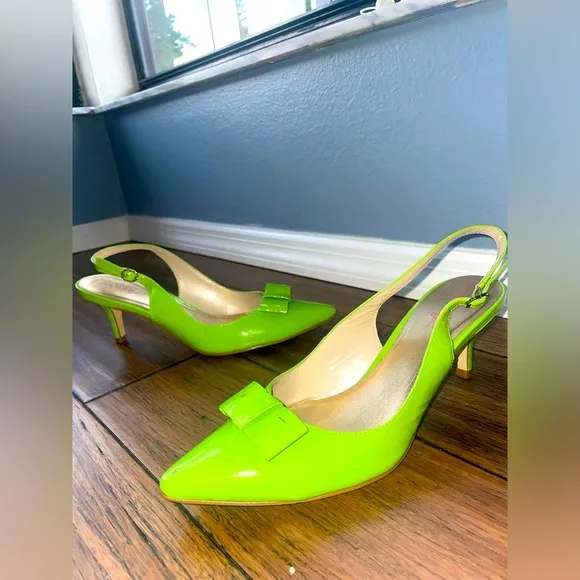 💚 Y2k Slingback heels kitten heels bow heels vintage green pumps patent heel