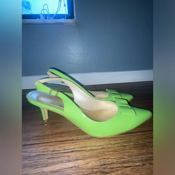 💚 Y2k Slingback heels kitten heels bow heels vintage green pumps patent heel
