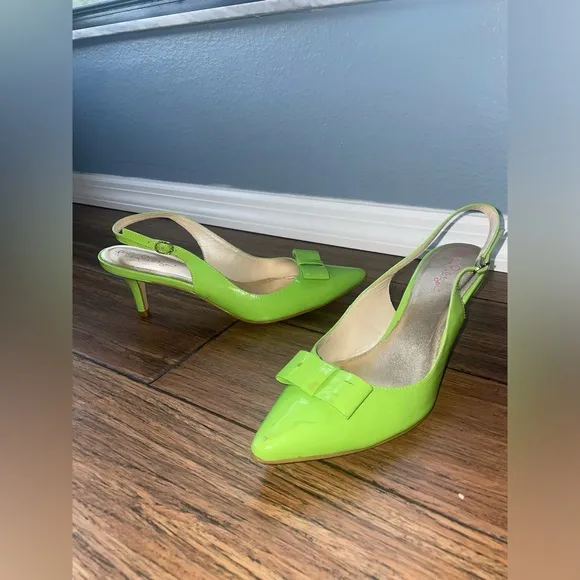 💚 Y2k Slingback heels kitten heels bow heels vintage green pumps patent heel