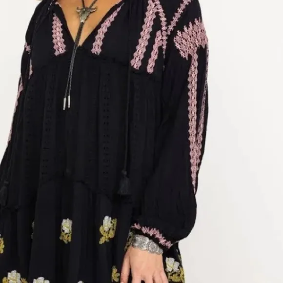 $168-Retail FREE PEOPLE Women Black Wild horses Embroidered Mini Dress