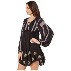 $168-Retail FREE PEOPLE Women Black Wild horses Embroidered Mini Dress