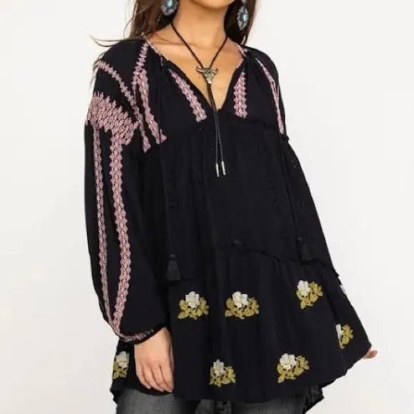$168-Retail FREE PEOPLE Women Black Wild horses Embroidered Mini Dress