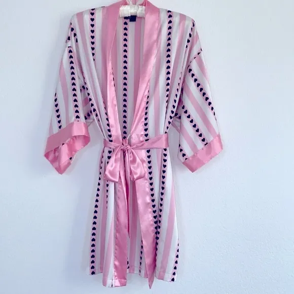2 Pc Very Sexy Short Satin Kimono Vertical Heart Print Pink Stripe XS/S &amp; Slip S