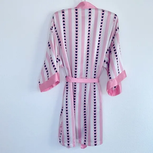 2 Pc Very Sexy Short Satin Kimono Vertical Heart Print Pink Stripe XS/S &amp; Slip S