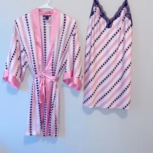 2 Pc Very Sexy Short Satin Kimono Vertical Heart Print Pink Stripe XS/S &amp; Slip S