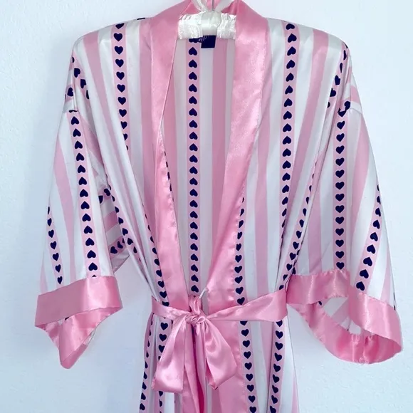 2 Pc Very Sexy Short Satin Kimono Vertical Heart Print Pink Stripe XS/S &amp; Slip S