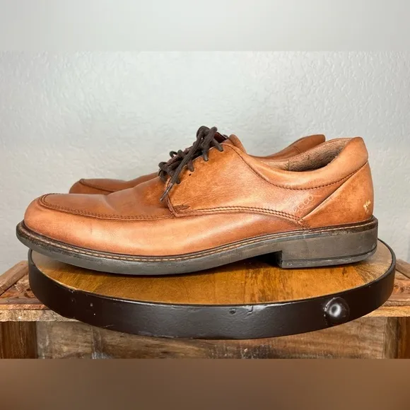 203. ECCO Mens Holton Leather Oxfords Apron Toe Cognac Brown Tan 10