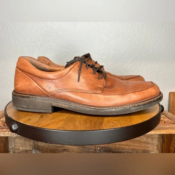 203. ECCO Mens Holton Leather Oxfords Apron Toe Cognac Brown Tan 10