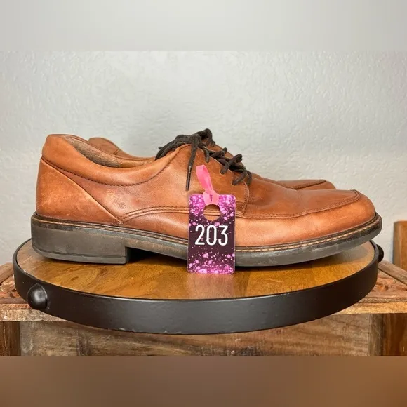203. ECCO Mens Holton Leather Oxfords Apron Toe Cognac Brown Tan 10
