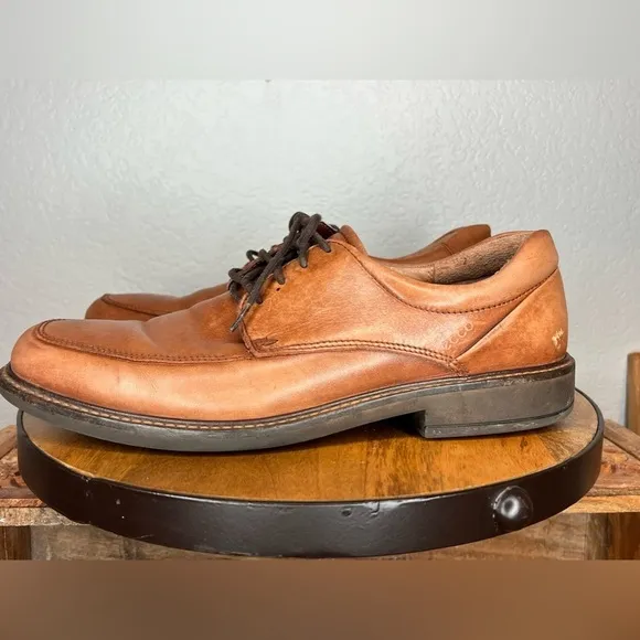 203. ECCO Mens Holton Leather Oxfords Apron Toe Cognac Brown Tan 10
