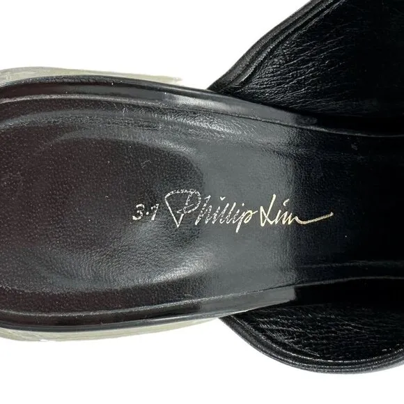 3.1 PHILLIP LIM Clear Plexi Heel Black Leather Square Toe Mules Size 36.5 Clogs
