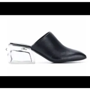 3.1 PHILLIP LIM Clear Plexi Heel Black Leather Square Toe Mules Size 36.5 Clogs