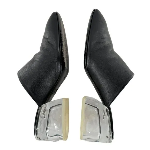 3.1 PHILLIP LIM Clear Plexi Heel Black Leather Square Toe Mules Size 36.5 Clogs