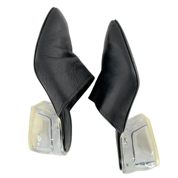 3.1 PHILLIP LIM Clear Plexi Heel Black Leather Square Toe Mules Size 36.5 Clogs