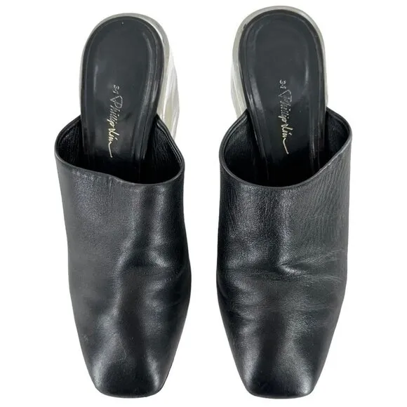 3.1 PHILLIP LIM Clear Plexi Heel Black Leather Square Toe Mules Size 36.5 Clogs