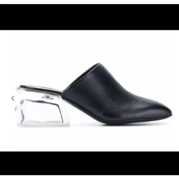 3.1 PHILLIP LIM Clear Plexi Heel Black Leather Square Toe Mules Size 36.5 Clogs