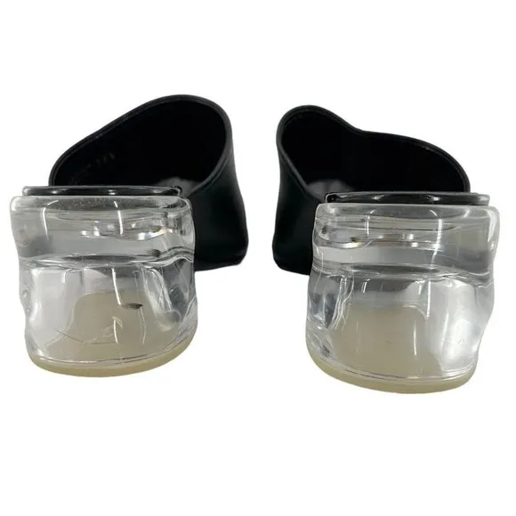 3.1 PHILLIP LIM Clear Plexi Heel Black Leather Square Toe Mules Size 36.5 Clogs
