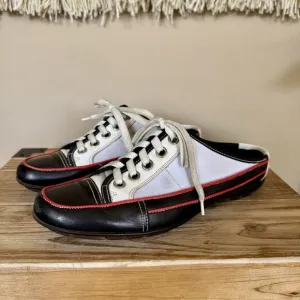 90s Vintage Donald J. Pliner Black White Leather Rubber Sole Mule Shoe Size 8.5