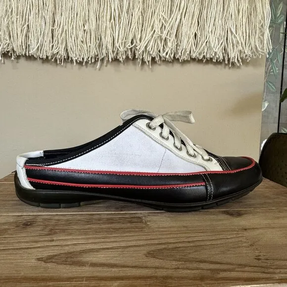 90s Vintage Donald J. Pliner Black White Leather Rubber Sole Mule Shoe Size 8.5