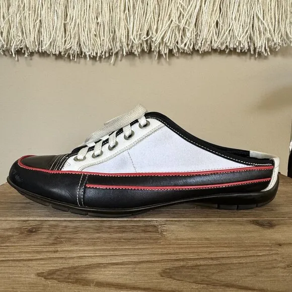 90s Vintage Donald J. Pliner Black White Leather Rubber Sole Mule Shoe Size 8.5