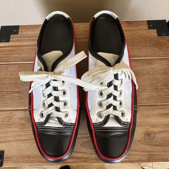 90s Vintage Donald J. Pliner Black White Leather Rubber Sole Mule Shoe Size 8.5
