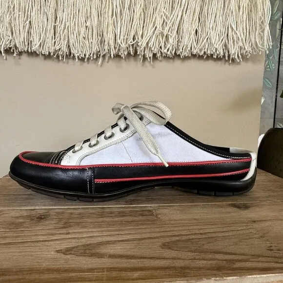 90s Vintage Donald J. Pliner Black White Leather Rubber Sole Mule Shoe Size 8.5