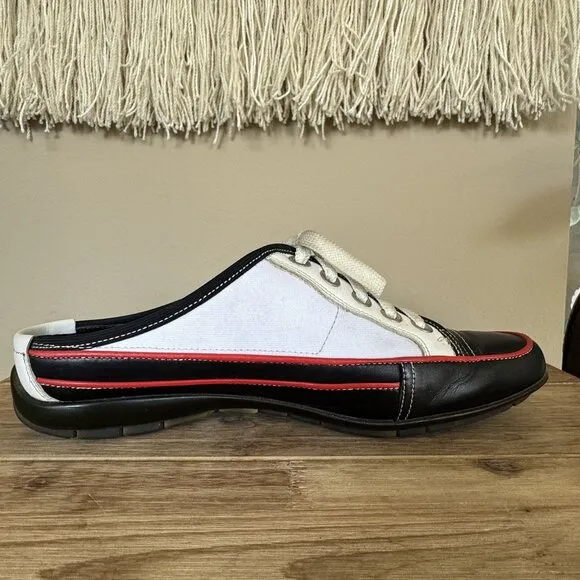 90s Vintage Donald J. Pliner Black White Leather Rubber Sole Mule Shoe Size 8.5