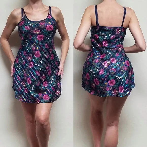 90s Vintage Kathryn Diagonal Stripe Metallic Floral Rounded Hem Mini Slip Dress