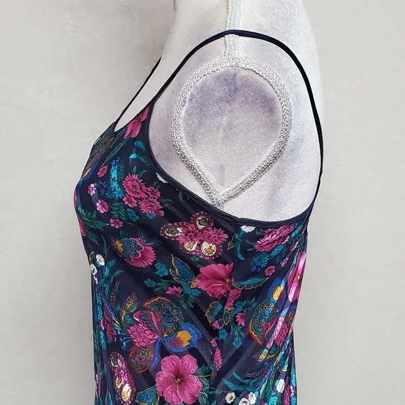 90s Vintage Kathryn Diagonal Stripe Metallic Floral Rounded Hem Mini Slip Dress