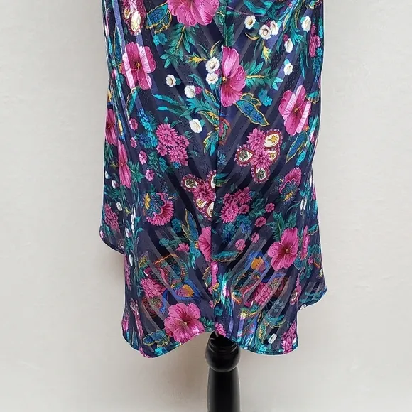 90s Vintage Kathryn Diagonal Stripe Metallic Floral Rounded Hem Mini Slip Dress