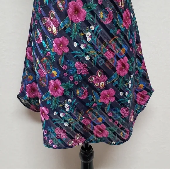 90s Vintage Kathryn Diagonal Stripe Metallic Floral Rounded Hem Mini Slip Dress