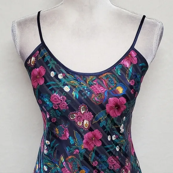 90s Vintage Kathryn Diagonal Stripe Metallic Floral Rounded Hem Mini Slip Dress
