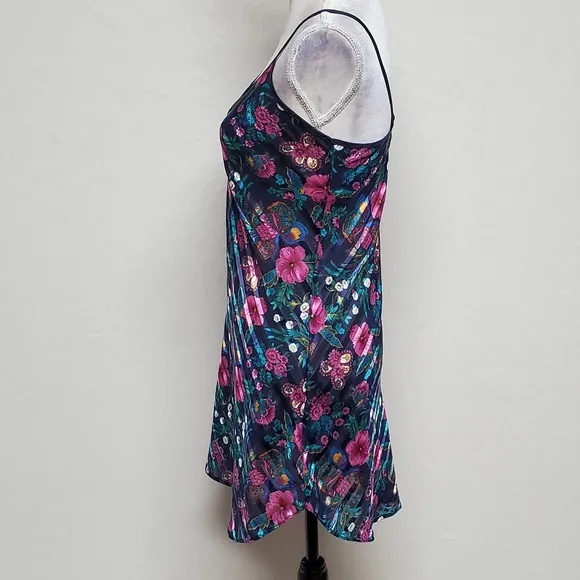 90s Vintage Kathryn Diagonal Stripe Metallic Floral Rounded Hem Mini Slip Dress