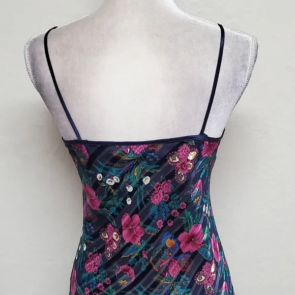 90s Vintage Kathryn Diagonal Stripe Metallic Floral Rounded Hem Mini Slip Dress