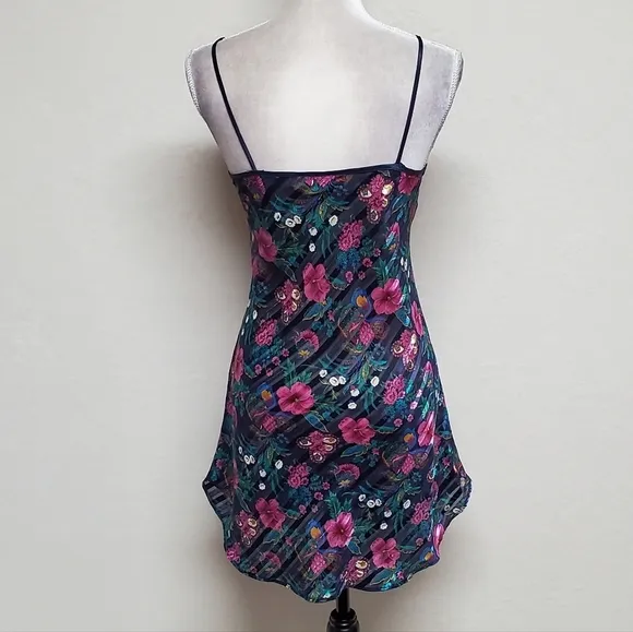 90s Vintage Kathryn Diagonal Stripe Metallic Floral Rounded Hem Mini Slip Dress