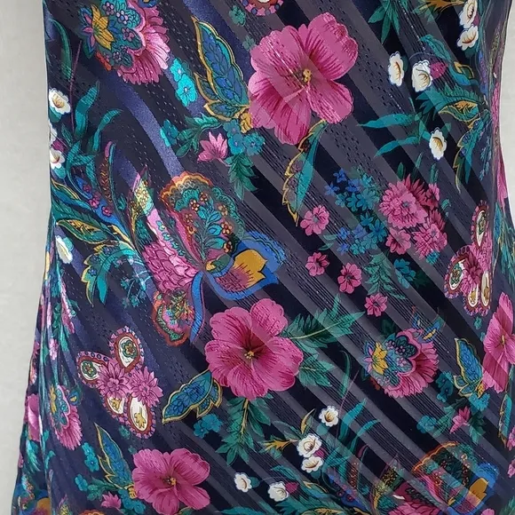90s Vintage Kathryn Diagonal Stripe Metallic Floral Rounded Hem Mini Slip Dress