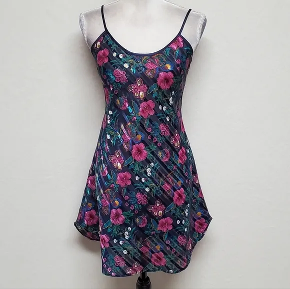 90s Vintage Kathryn Diagonal Stripe Metallic Floral Rounded Hem Mini Slip Dress