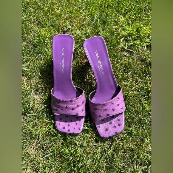 90s / Y2K Vintage Via Spiga Purple Ostrich Heeled Mules
