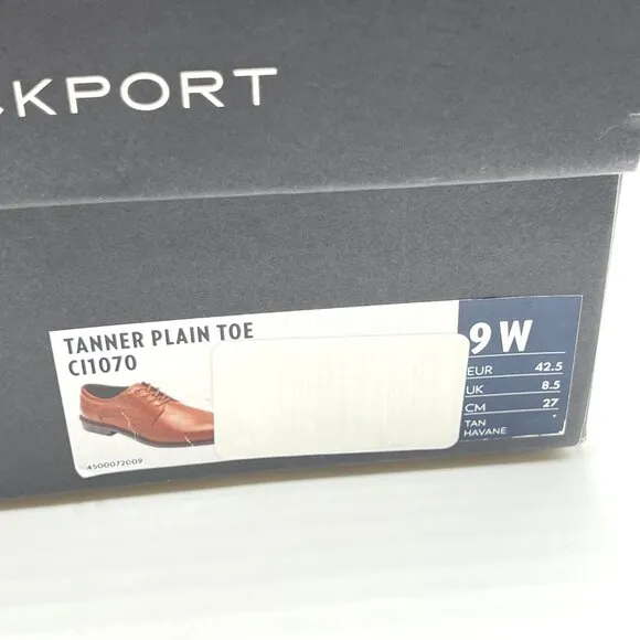 9W 9 WIDE WIDTH Rockport Mens Tanner Plain Toe Brown Leather Oxfords Dress Shoes